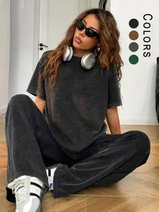 Women's Vintage Washed Sportswear Set, Elegant Summer Casual Round Neck Loose Short Sleeve Top & Long Pants, Ideal for Daily Commute