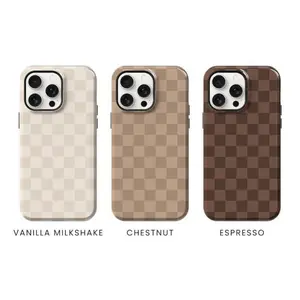 Neutral Brown and Cream Checkered Phone Case, Beige,phone Case Suitable for iPhone 17, 16, 15, 14, 13, 12, 11, X, Samsung and other series models.Can be given as a holiday gift to friends or family.