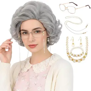 Old Lady Wig Costume Set for Women Short Curly Grandma Wig and Glasses  Grey Granny Wigs for Old Woman  Halloween Party ( Grey/Old Lady)
