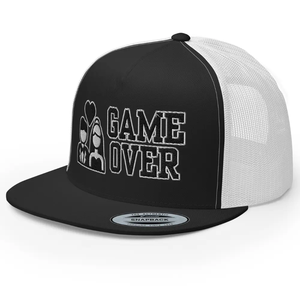 RIVEMUG NG Funny Game Over Couple Embroidered Flat Bill Trucker Hat High Crown Adjustable Marriage Groom Bachelor Party Cap