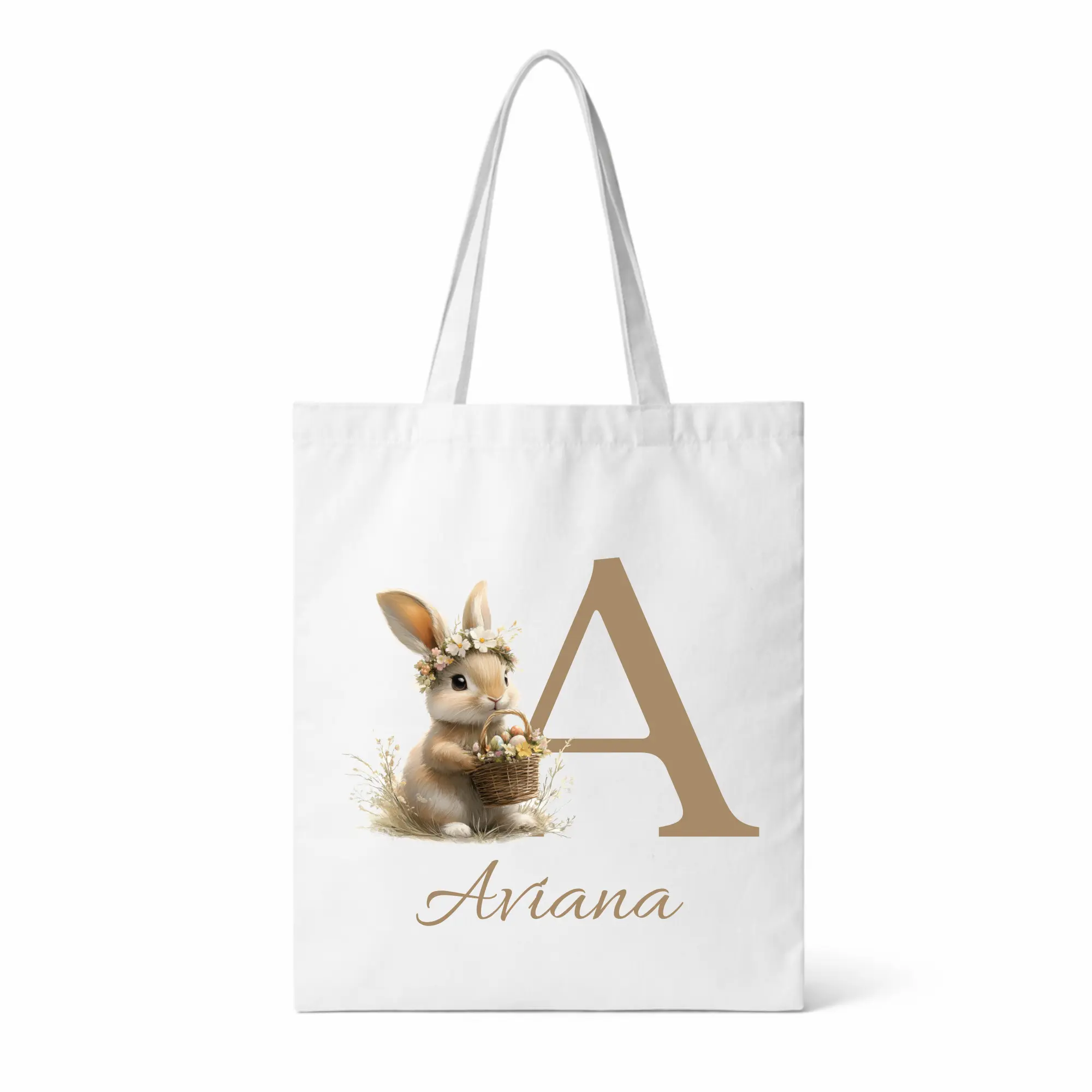 Custom Easter Bunny Tote Bag • Personalized Name & Monogram • Reusable Egg Hunt Basket • Double-Sided Print for Kids