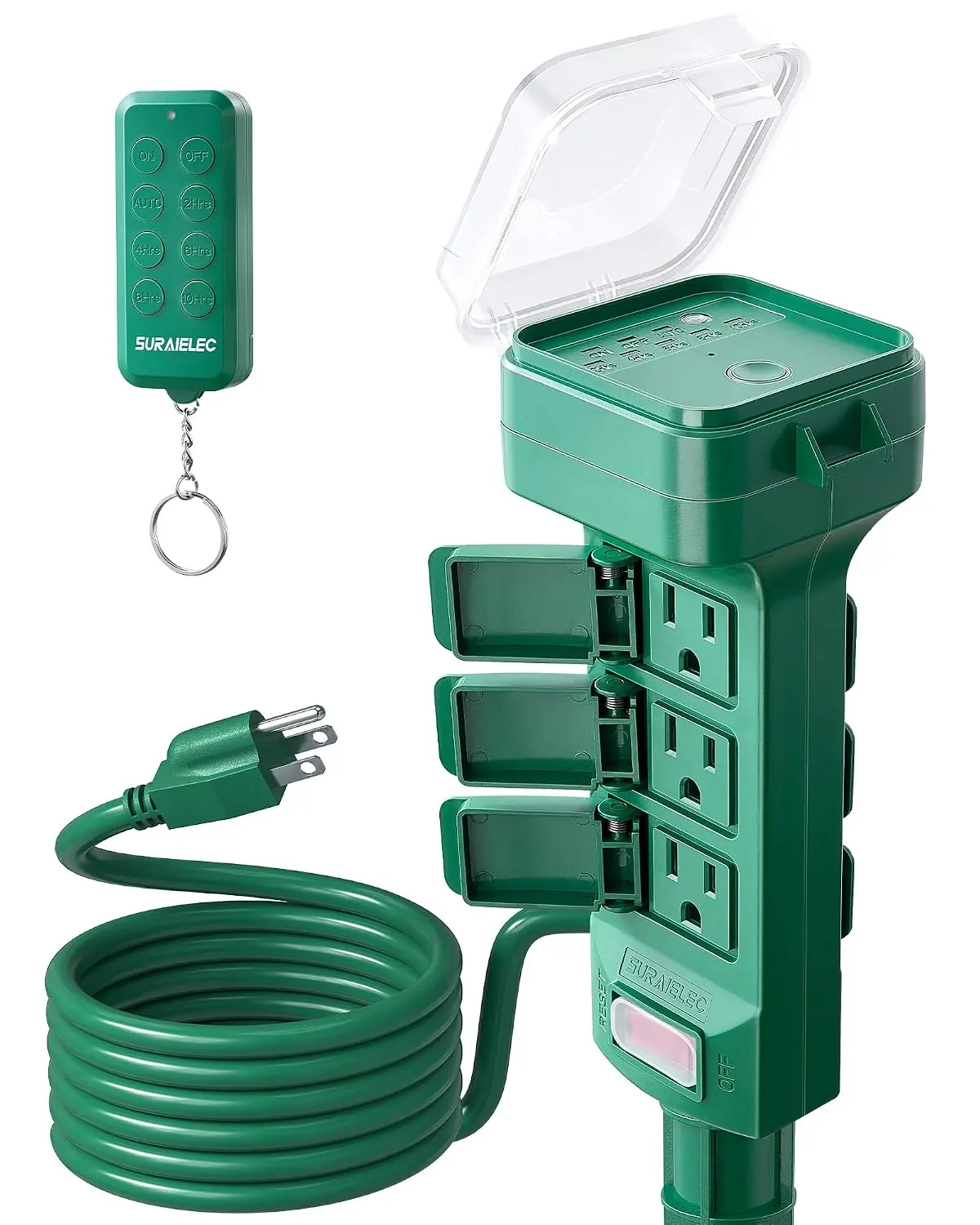 SURAIELEC Waterproof Outdoor Power Stake Timer - 100FT Wireless Remote Control, Dusk-to-Dawn Function, 6 Grounded Plug Outlets, 6FT Power Strip for Christmas Lights, Garden