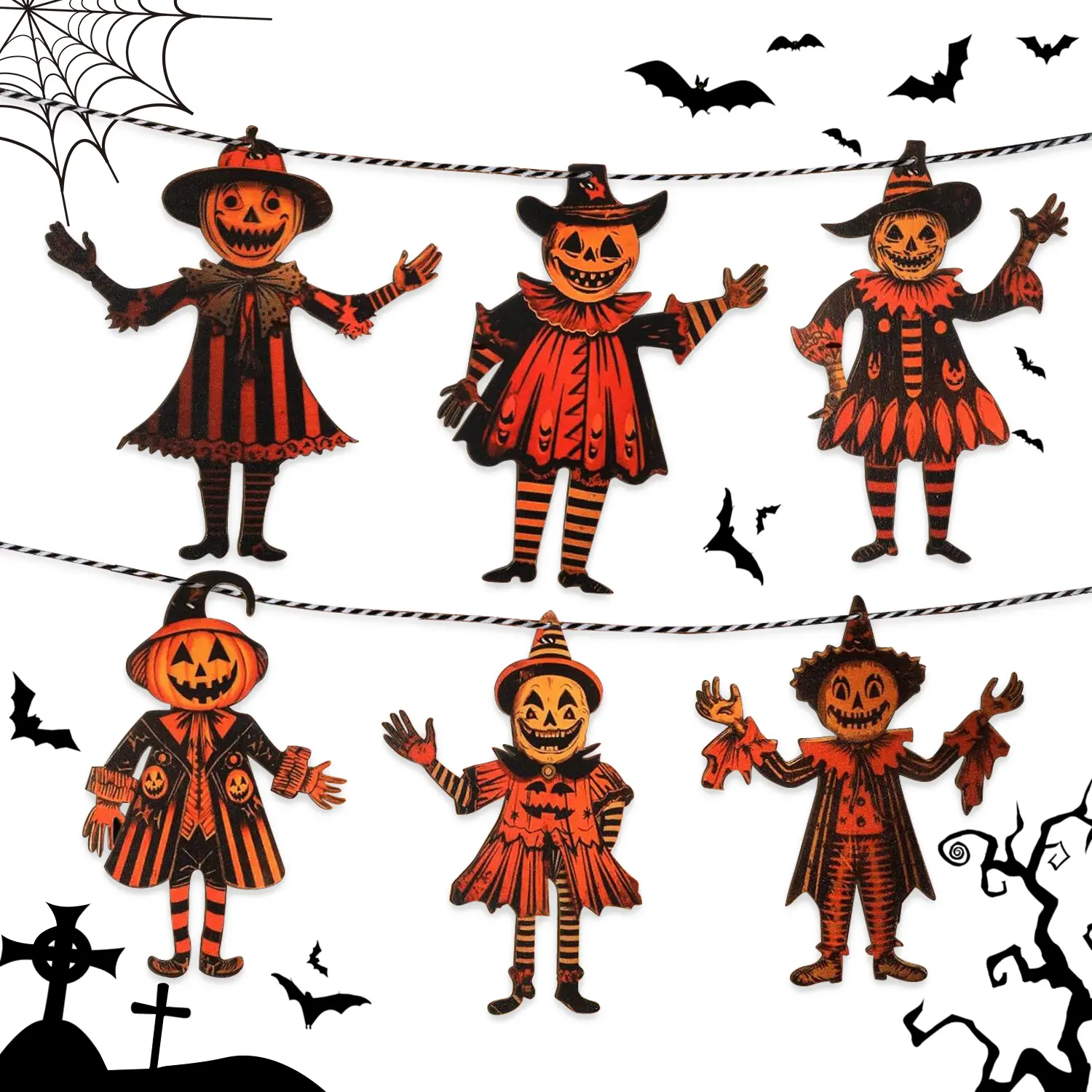 6PCS 5.9 inch Halloween Vintage Wooden Garland Set - Durable Spooky Tall Pumpkin Hanging Decor, Party Decoration Supplies, Halloween Aesthetic Prop for Indoors, Outdoors, Photo Backdrops