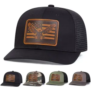 Unisex Flag Eagle Brown Leather Patch Baseball Mesh Cap Hat Micro Curved Cap Outdoor Sport Adjustable Sunscreen Leisure Hat Spring Autumn Travel Tourism Beach Vacation