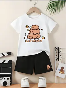 Capybara Printed Cute Children's Set, A New Summer Style Boys' And Girls' Short-Sleeved T-Shirt And Shorts 2-Piece Set, Comfortable, Casual, Fashionable And Versatile For Daily Wear, Ideal For Gift Giving.