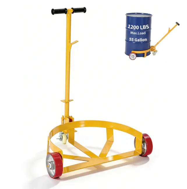 55 Gallon Drum Dolly Cart with Removable Long Handle - 1200 lbs Heavy Duty Q235 Steel Barrel Mover with 3 Wheels & Brake for Garage, Warehouse & Workshop (Yellow)