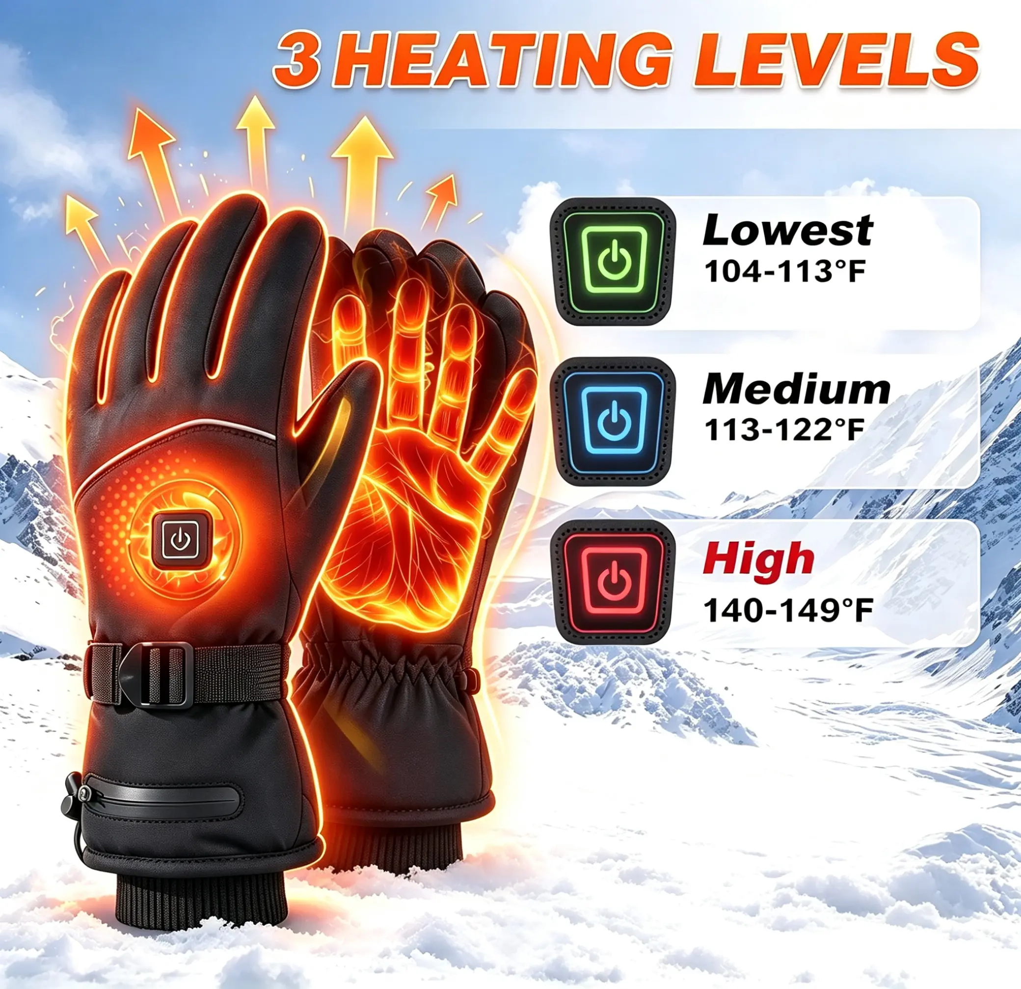 Heated Sports Gloves - 3 Temperature Control Settings, Touchscreen Fingers, Easy-Use Switch, Zipper Cuff, Soft Wear-Resistant Skin-Friendly Fabric for Cycling, Skiing