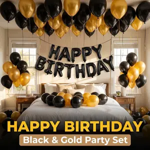 53pcs Black And Gold Birthday Party Decoration Set, Equipped With Black Happy Birthday Balloon Banner And Latex Balloons, Suitable For Black And Gold Themed Birthday Party Supplies, Men's And Women's Birthday Party Decorations