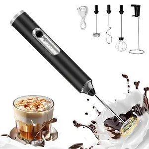 Rechargeable Electric Milk Frother, 3 Speed Handheld Coffee Frother Wand with 3 Replaceable Heads, Drink Mixer for Latte, Cappuccino, Matcha, Egg Whisk & Prebiotic Powder