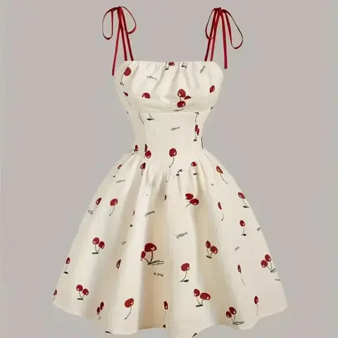 Elegant Cherry Print Tie Strap Dress, Cute Ruched Bust Detail with Stylish Necktie Shoulder, Perfect for Casual & Party Wear
