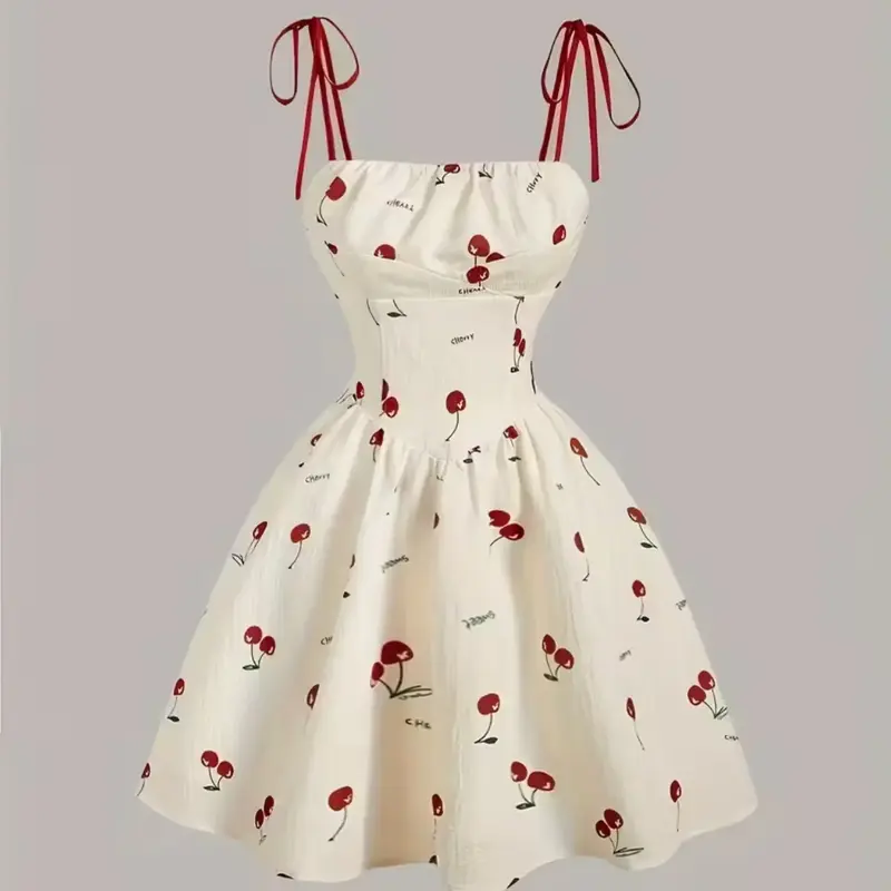 Elegant Cherry Print Tie Strap Dress, Cute Ruched Bust Detail with Stylish Necktie Shoulder, Perfect for Casual & Party Wear