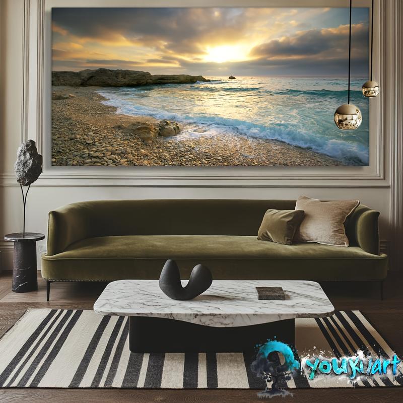 Wooden Framed Canvas Painting Wall Art canvas Wall Art Sunset Beach Blue Waves Ocean Art Large Modern Artwork Canvas Print Contemporary Picture framing Ready to Hang for Home decoration Wrapped in canvas