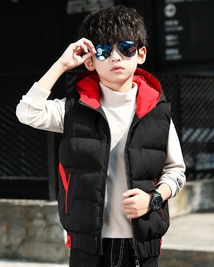 Kids' Zip-Up Thick Hooded Vest - Autumn Winter New Style, Red Lining, Pockets, Warm, Stylish (Boys' Fashion Coats & Jackets), Zip Up Vest, Pocket For Smalls, Polyester, Warm Hood Cover, Hooded Look Adds Style, Easy Vest Layer For Cooler Days