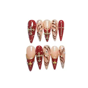 NailBee  Red nude gothic cross press on nails | gold metal stiletto fake nails with rhinestones