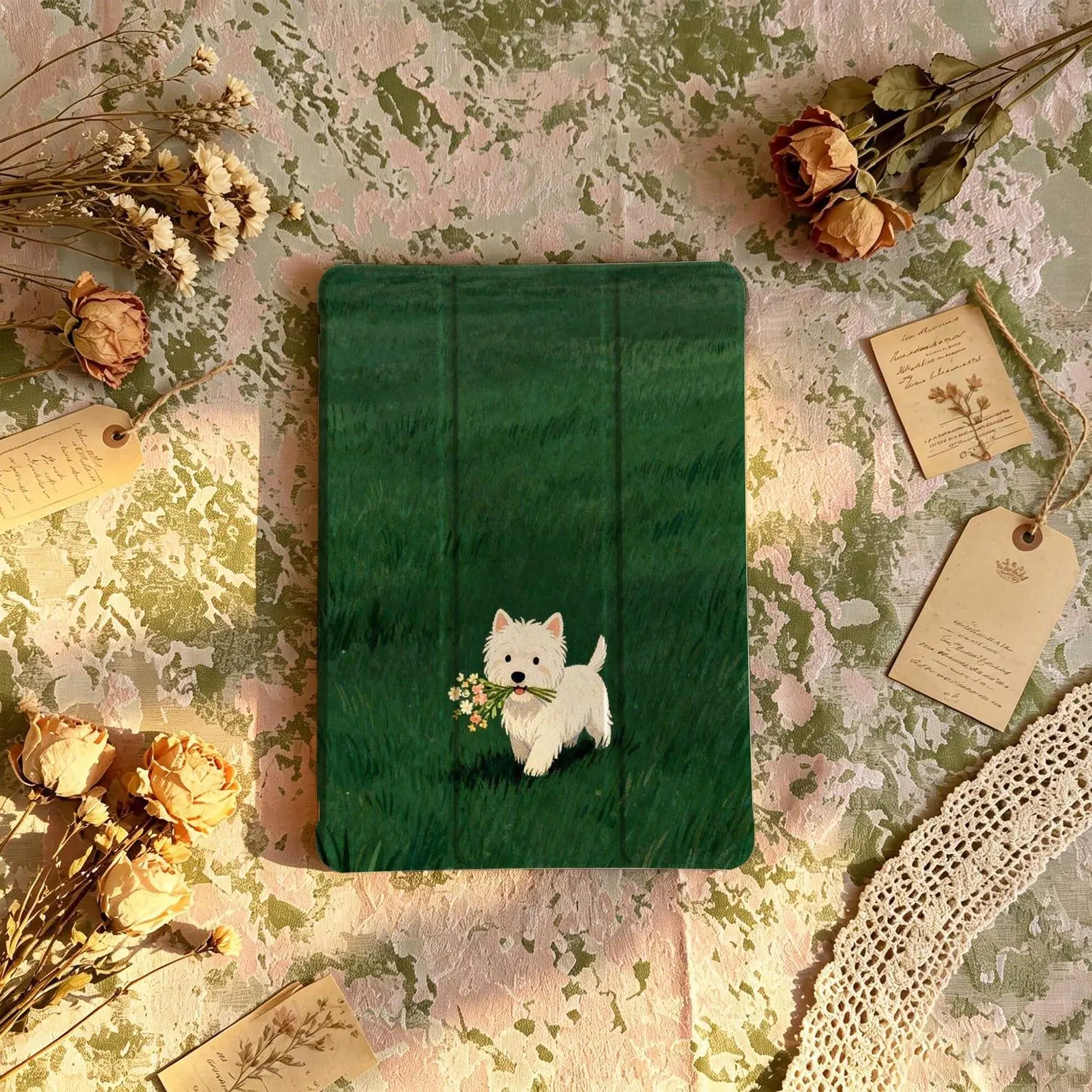Westie Dog Meadow iPad Case, Puppy Wildflower Field Oil Painting Art Cover, Spring Countryside Pet Lover Gift for iPad Air Pro 10th 11th