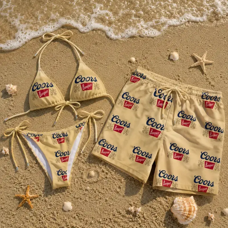 Coors Couple Swimwear Set – Matching Bikini & Men’s Beach Shorts, Summer Vacation Beachwear Outfit for Coastal Trips