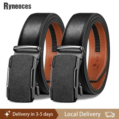 RYNEOCES Men's Genuine Leather Ratchet Belt - Easy Release, Scratch-Resistant Buckle, Automatic Closure, 28-48" Waist, Designer Everyday Style, Brown & Black Options, Dress & Casual Use, Luxury Packaging, Gifting Accessory, Brown Belt, Black Belt