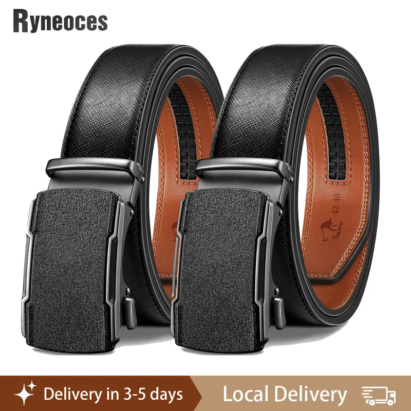 RYNEOCES Men's Genuine Leather Ratchet Belt - Easy Release, Scratch-Resistant Buckle, Automatic Closure, 28-48" Waist, Designer Everyday Style, Brown & Black Options, Dress & Casual Use, Luxury Packaging, Gifting Accessory, Brown Belt, Black Belt