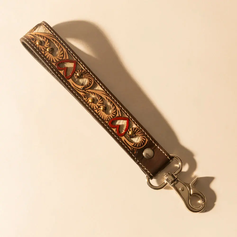 S-14515 Wildhue Western Cowhide & Hand Tooled Leather Key Fob Red Heart