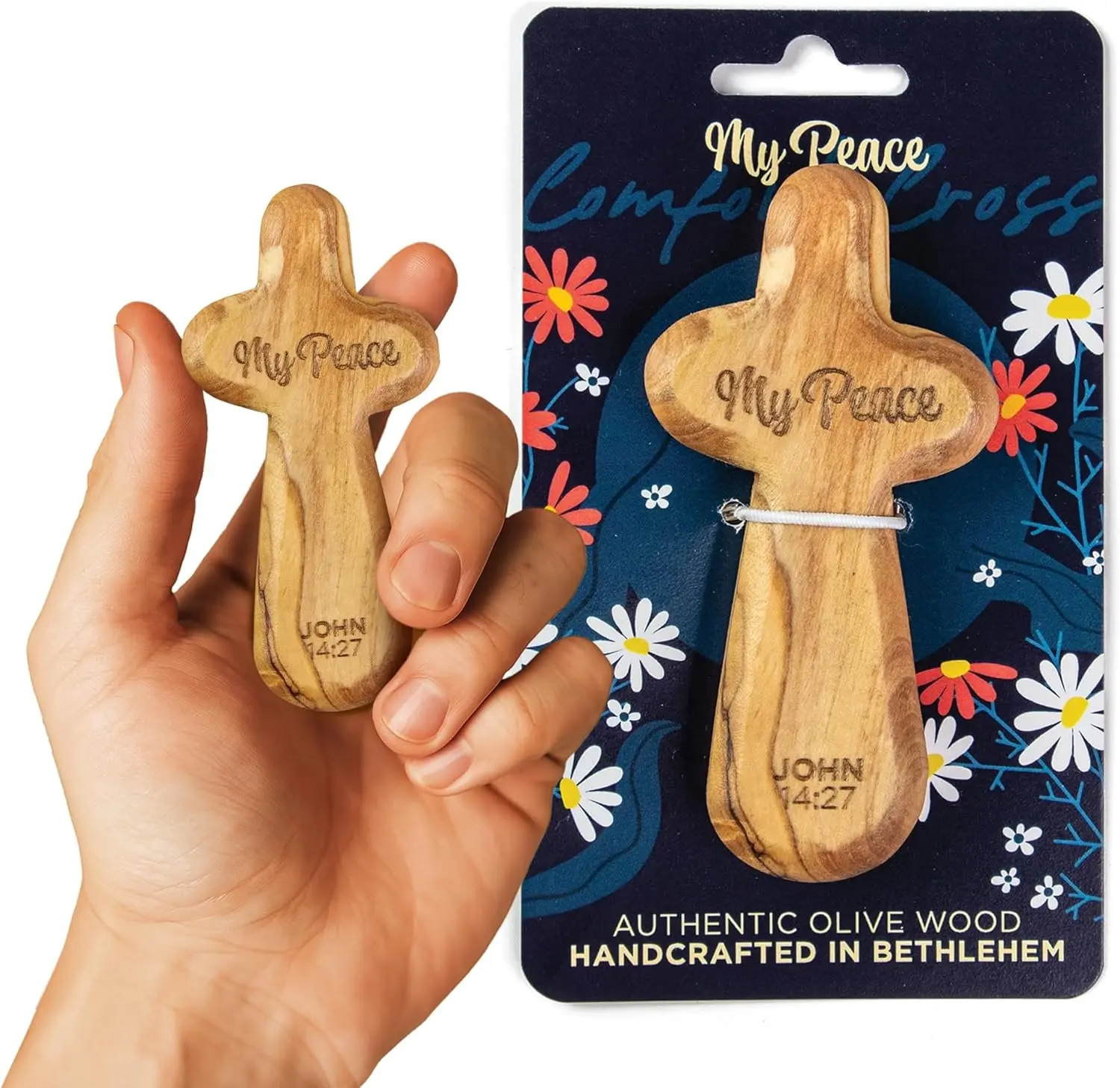 Laser Engraved Olive Wooden Cross Decor, Handheld Religious Cross Design with "My Peace" John 14:27 Message for Home Decor