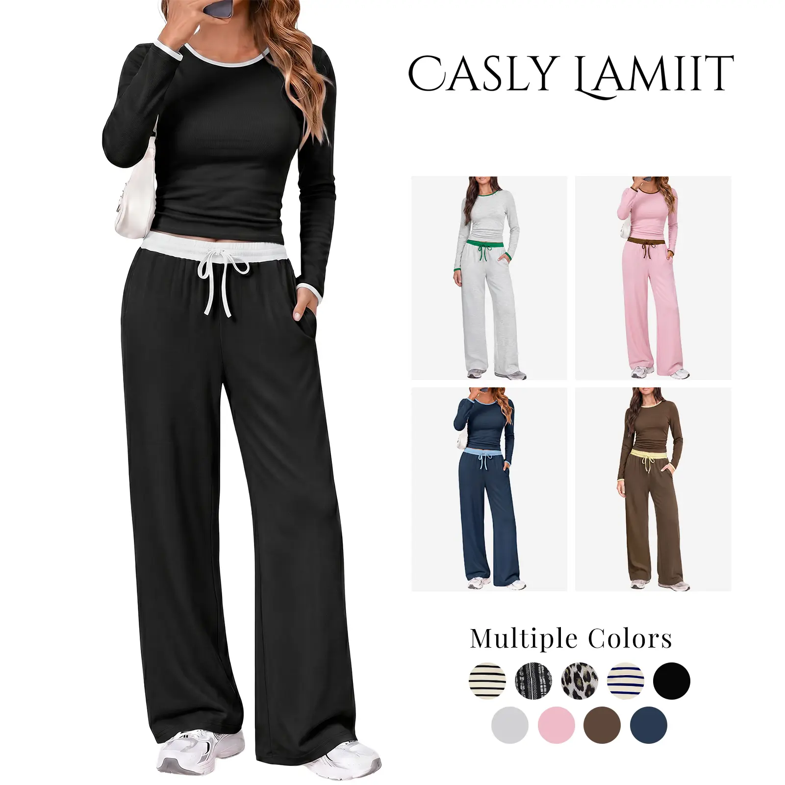 Women's 2-Piece Rayon Knit Lounge Set, Color Block Outfit with Ruched Fitted Top & High Waist Wide Leg Travel Pants with Pockets, Adjustable Drawstring, Soft, Light, No Iron Sets for Women 2 Piece
