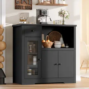 Kitchen Microwave Cabinet with Storage, 3 - Door Buffet Sideboard Featuring 1 Drawer and Adjustable Shelves for Pantry Storage,Black