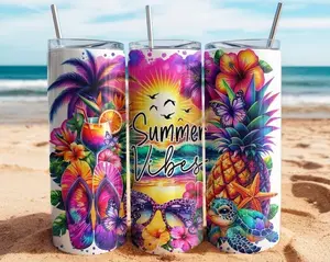 Summer Vibes Tumbler With Straw, Tropical Beach Sunset Stainless Coffee Cup, Vacation Girl Trip Skinny Tumbler 20oz