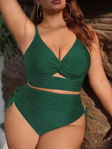 【Plus Size】 Solid Color Twist Front Bikini Set, Casual V Neck Swim Top & Swim Bottom, Women's Swimsuit for All Seasons, Twist Front Swimsuits