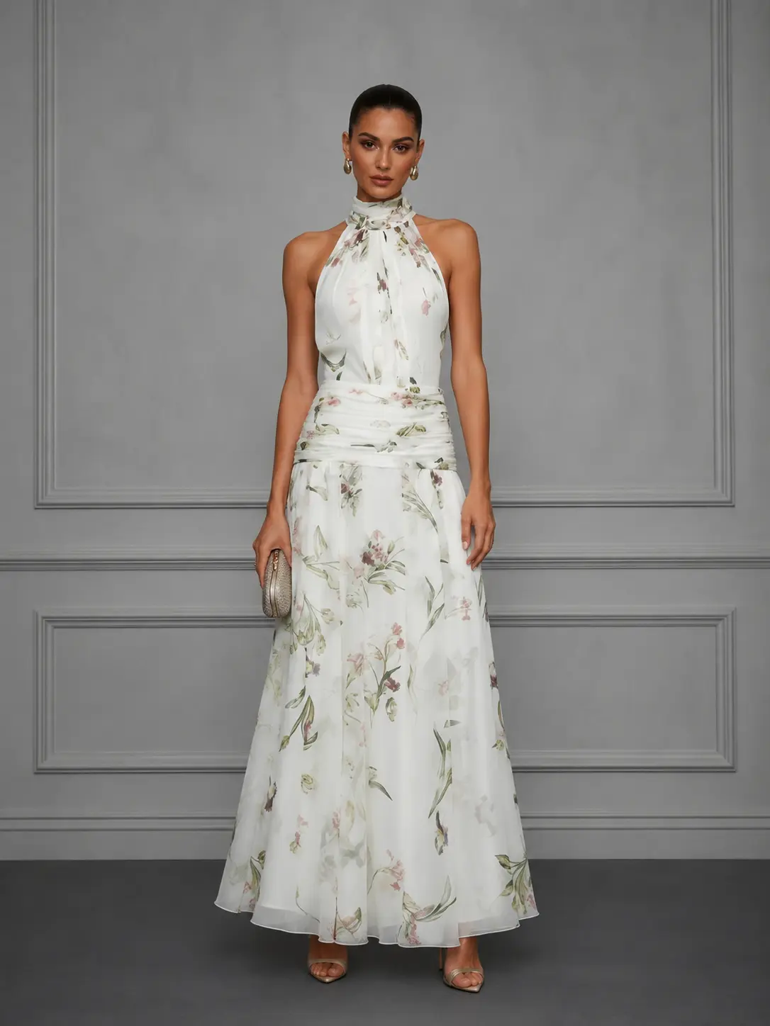 FEHAUTE Women's Floral Chiffon Sleeveless Maxi Dress - Elegant Halter Neck Formal Wear with Ruched Waist, Bow Back, Hand Wash Only, Do Not Tumble Dry for Wedding Guest, Prom Clothes, Do Not Bleach, Long