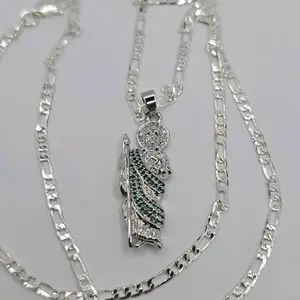 Saint Jude Green Stone Silver Plated Small Pendant Figaro Chain Religious Necklace 18"inches shorter