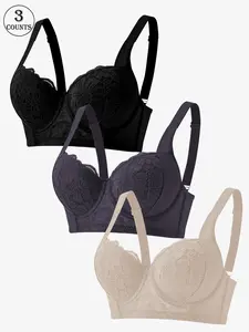 3 piece solid color sexy lace lingerie bras, Soft Comfy Bra, with underwire and non-removable padding, soft, breathable, and comfortable, suitable for yoga, sports, daily casual wear, with adjustable straps and beautiful back design, women's bras