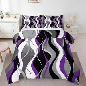 2/3Pcs Purple Black Grey Wavy Stripes Comforter Set, Decorative Bedding Set, Geometric Pattern Bedding, Modern Geometric Quilt Bedding Set with Pillowcases, Machine Washable Bedding, Gradient Wave Bedding for Teens Bedroom, Birthday Gift for Teens