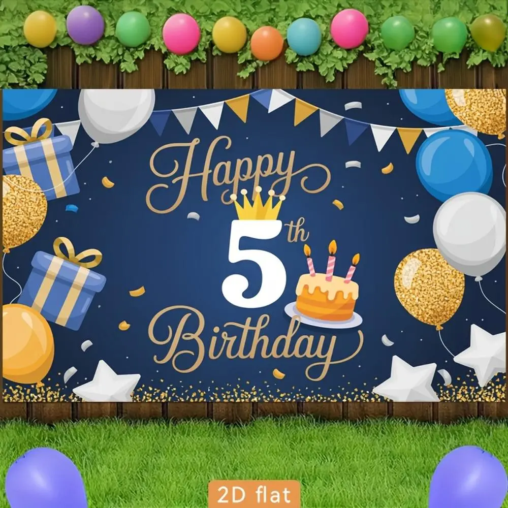 2D Flat Banner Polyester Photography Backdrop, Happy 5th Birthday Party Theme, Blue and Gold Balloons Gifts Cake Design, Soft Lightweight Foldable Background Cloth for 5th Birthday Celebration, Photo Booth, Event Decor, Studio Pho