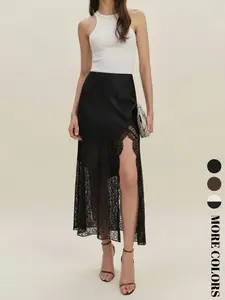 Women's Spring Summer Elegant Chic Lace Patchwork Satin Skirt, High Waist Side Zipper, A-Line Fishtail Split Hem, Versatile Fashion Bottoms Womenswear