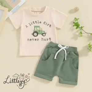 Toddler Boy Shorts Set Letter Tractor Print Short Sleeve Round Neck T-Shirt with Solid Shorts 2Pcs Outfit