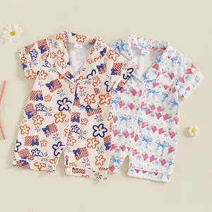 Newborn Summer Pajamas Baby Girl Floral/Bow Print Short Sleeve Button Down Romper Cute Infant Sleepwear  Pjs