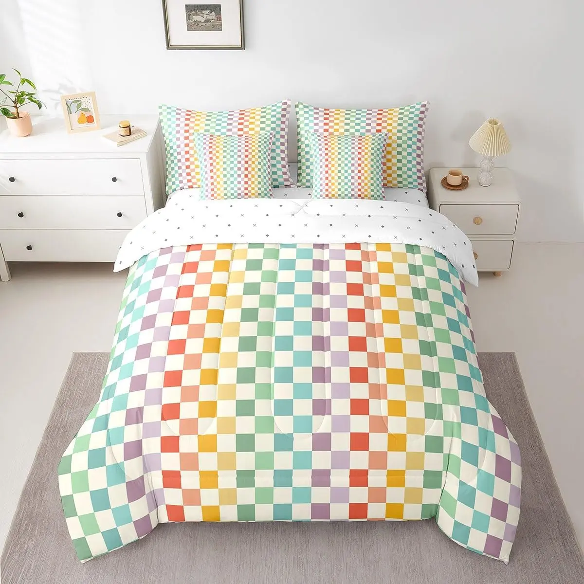 Purple Green Yellow Bedding Set 7Pcs Buffalo Plaid Comforter Set with Sheets Checkered Grid Bed in a Bag Soft Lightweight,Microfiber