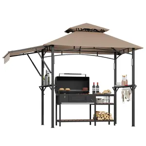 9x5 ft Grill Gazebo with Side Awning, Double-Tier BBQ Canopy with 2 Side Shelves, 4 LED Lights,10 Hooks & Bottle Opener, Heavy-Duty Outdoor Grill Shelter for Patio, Backyard, Garden, Deck,Khaki