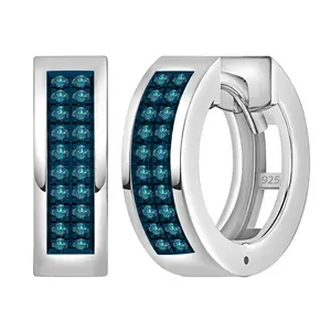 Dazzlingrock Collection 0.12 Cttw Round Blue Diamond Double Row Unisex Hinged Post Hoop Earrings in 925 Sterling Silver