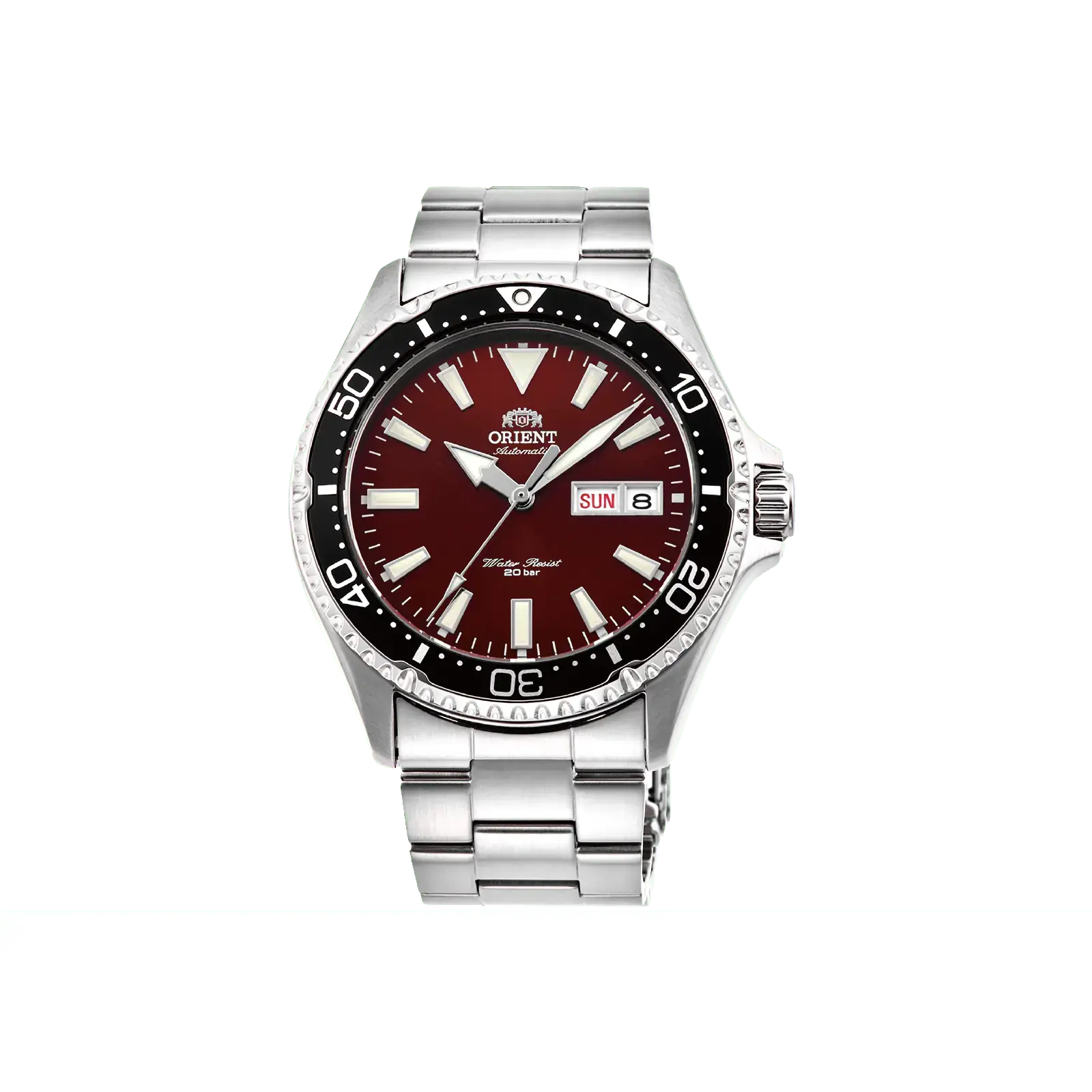 sqtime Orient Kamasu Men's Analog Round Diver Watch, 41.8mm Stainless Steel Case, Red Dial, Sapphire Crystal, Luminescent Marks, 200m Water Resistance, Double Push-Button Safety, 12-Month Coverage, Cool Gift For Guys