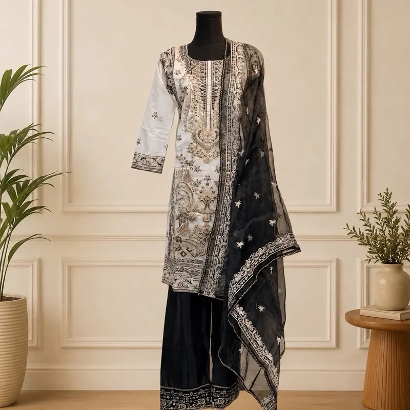 Pakistani designer replica by Bin Abdullah  Embroidered 3-Piece Stitched Suit:  fabric is pure cotton scarf is digital printed and the ready-to-wear nature of the outfit.