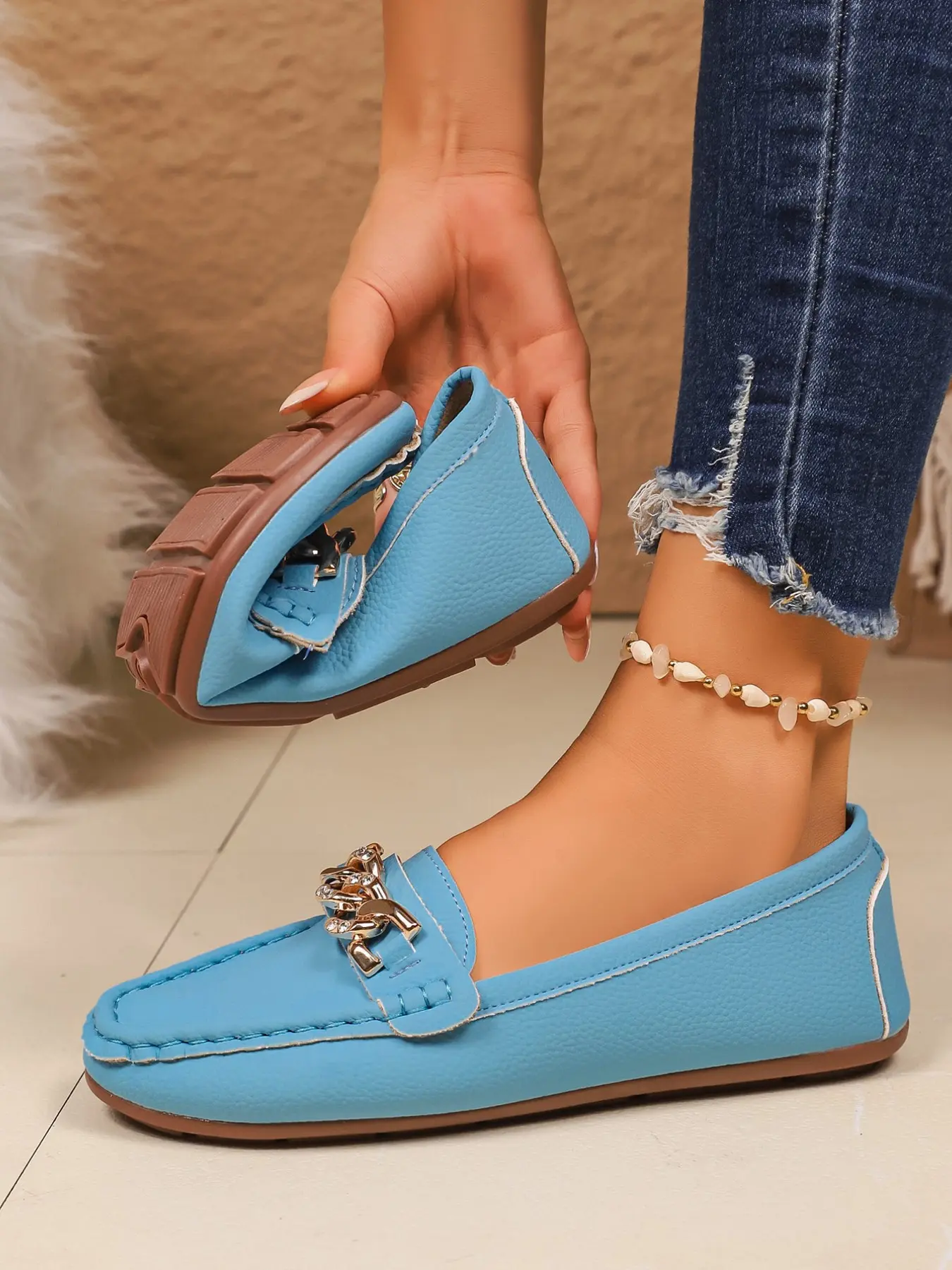 Women's Metal Chain Loafers, Comfortable Soft Sole Casual Flat Shoes, Fashionable Durable Design, Ideal for Daily Commute, Office Wear, Casual Outing, All Seasons