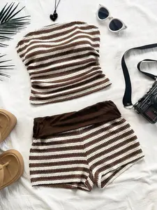 Soleia Women's Red White Contrast Bandeau Top and Low Waist Shorts Set Textured Crochet Knit Summer Vacation 2 Piece Outfit