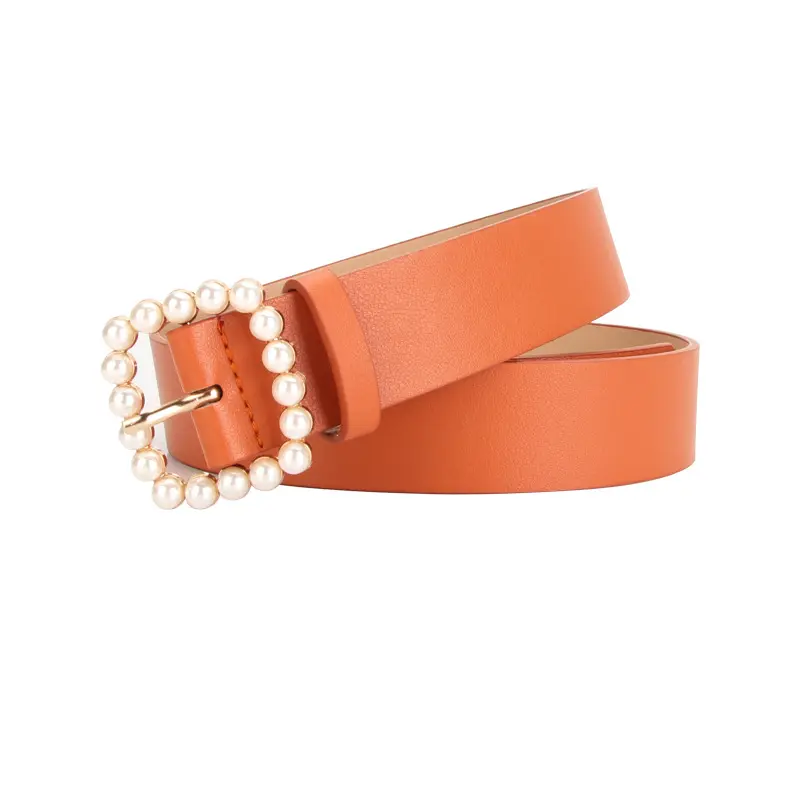 Women's Pearl Square Buckle Waist Belt, PU Leather Skinny Belt for Dresses, Jeans & Blazers, Adjustable Fashion Dress Belt, Elegant Cute Decorative Waist Belt Camel