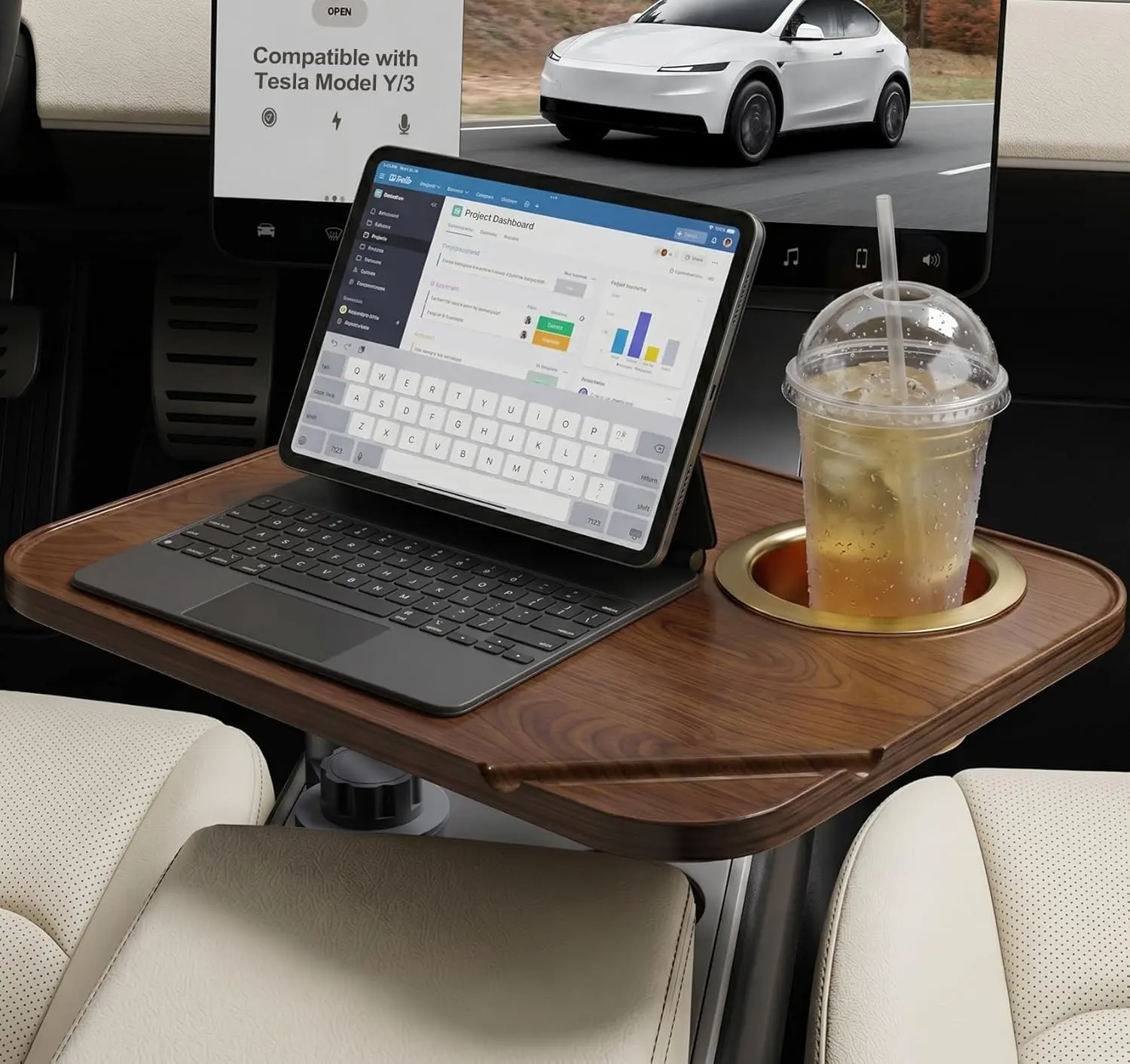 [BackToSchool]Sturdy Car Table for Laptop: Specifically for Tesla Model 3/Y/S Commuters - Reinforced Wooden Car Laptop Desk Bears Full Weight of 2 Laptops - Anti-Shake 90% Stability for Bumpy Roads