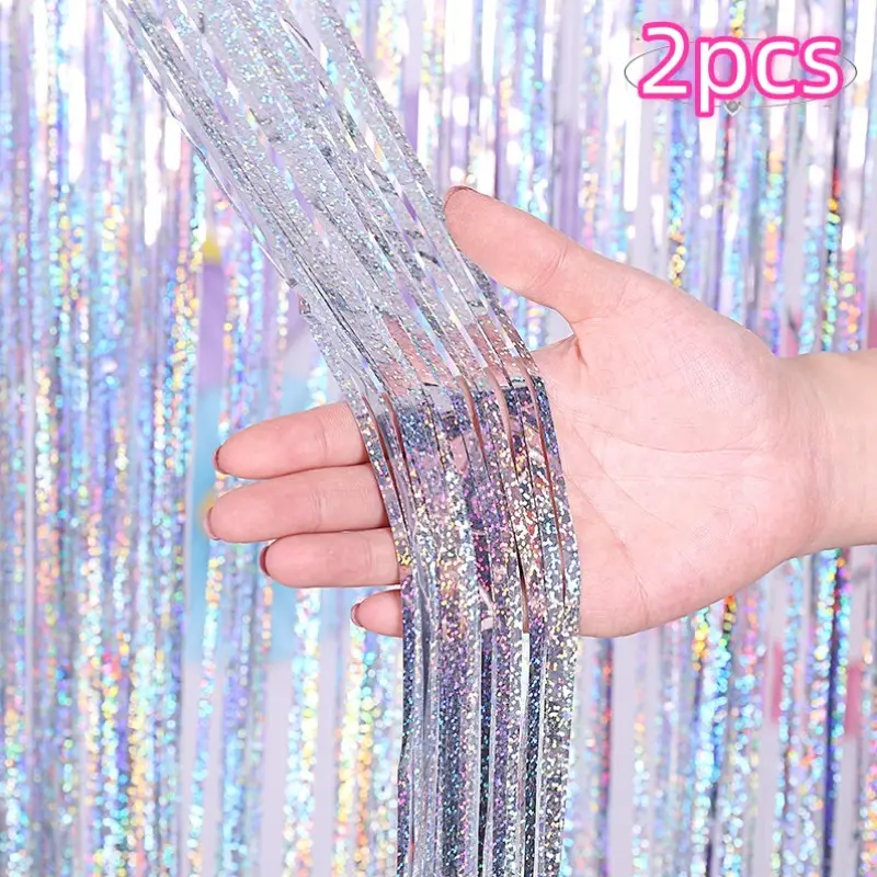 2 Pack Party Streamers with Shiny Silver Foil Curtains, Tassel Backdrop Decorations for New Year Parties, Festive Event Supplies, Shimmer Wall Backdrop, Wall Hanging Backdrop, Home Party Decorations