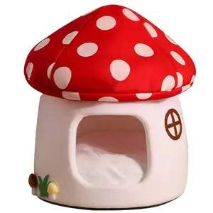 Cute Mushroom Cat House | Cozy Warm Pet Bed for All Seasons | Semi-Enclosed Hideaway for Indoor Cats