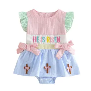 Baby Girls Romper Dress, Fly Sleeve Bow Striped Embroidery Letters Summer Bodysuit Easter Clothes