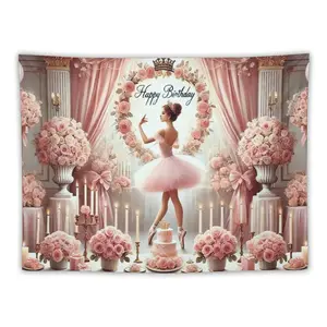 Dreamy Ballerina Birthday Tapestry Pink Tutu Dancer Standing on One Foot with Crown Pink Curtains Bow Flower Wreath Happy Birthday Multi - layer Cake Flowers and Candlesticks for Fairytale Party