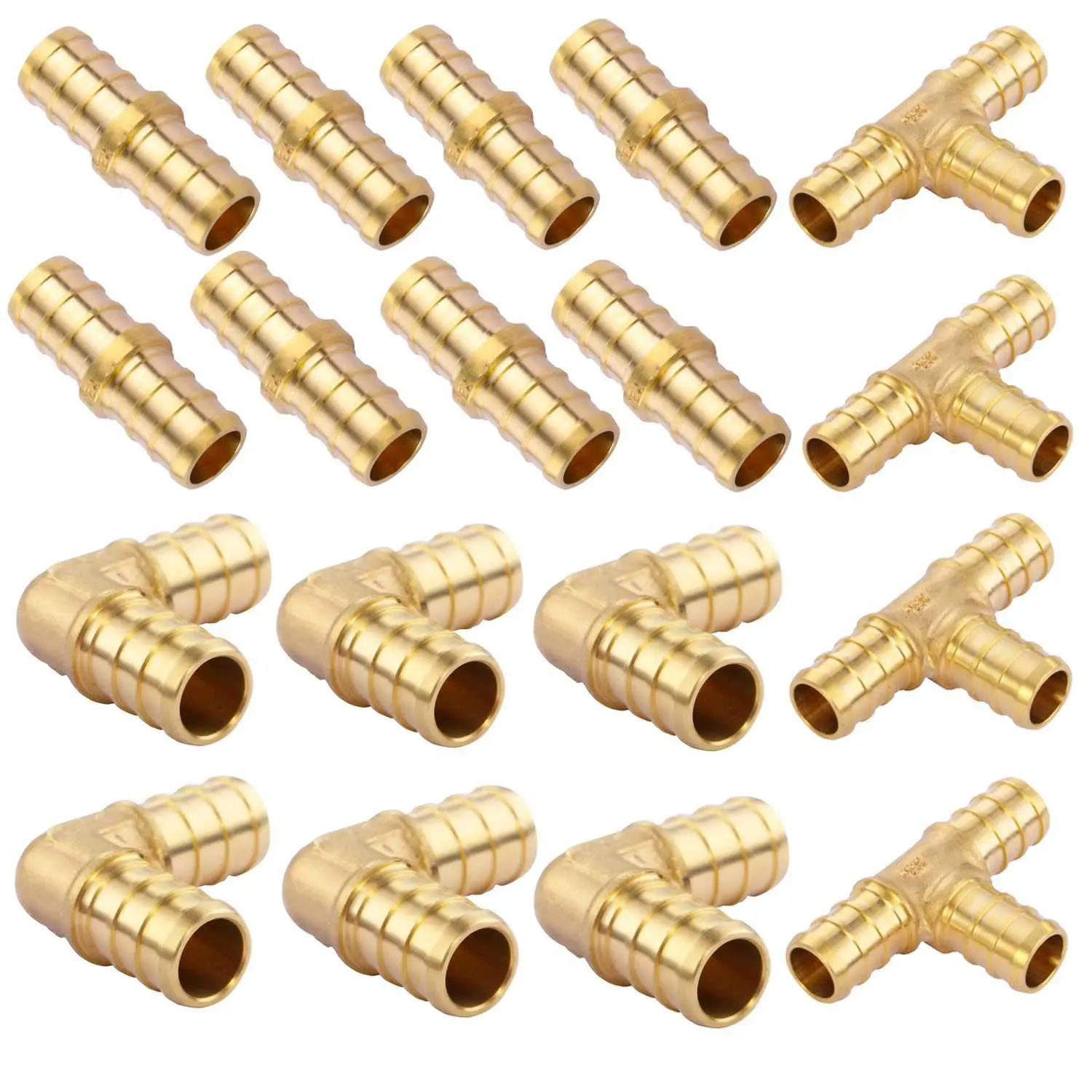 18 1/2 Inch T Pex Tee(4pcs) & 90 Degree Elbow(6pcs) Straight Coupling 1/2" (8pcs) Brass Barb Crimp Pipe Fitting/fittings